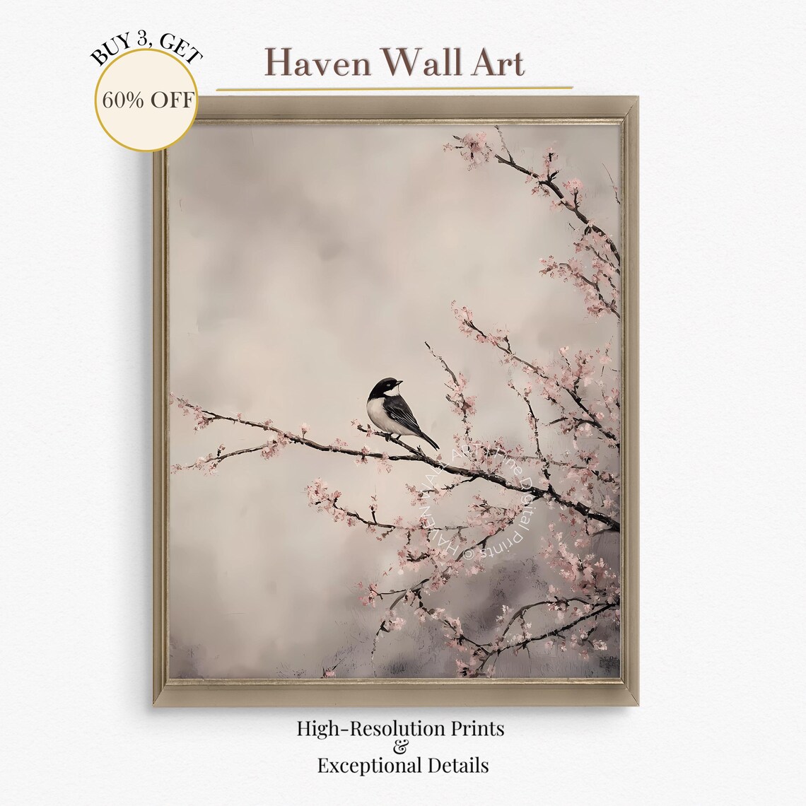Bird Cherry Blossom Branch Misty Spring Minimalist Botanical Poster