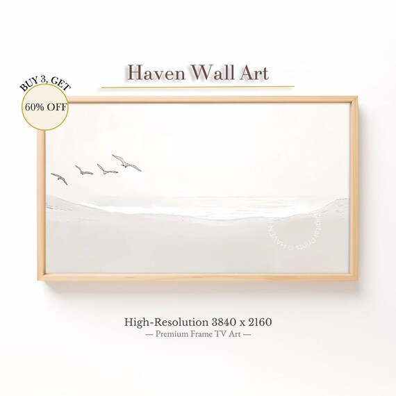 Seagulls Soaring Over Minimal White Beach Serene Coastal Print