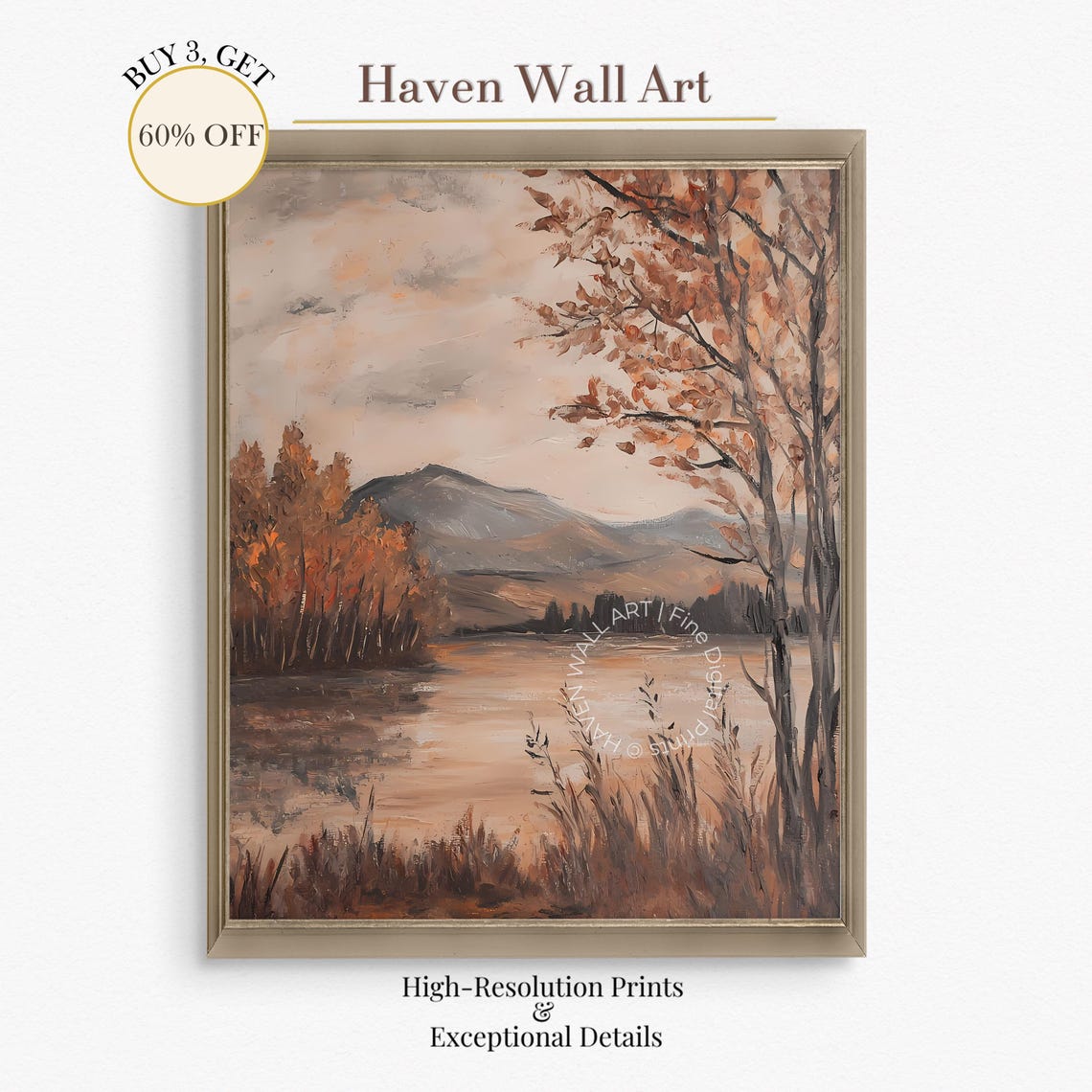 Rustic Autumn Mountain Lake Print With Moody Fall Trees And Hills
