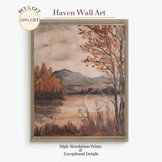 Rustic Autumn Mountain Lake Wall Art Moody Fall Landscape Painting Thanksgiving Country Nature Decor Pal043