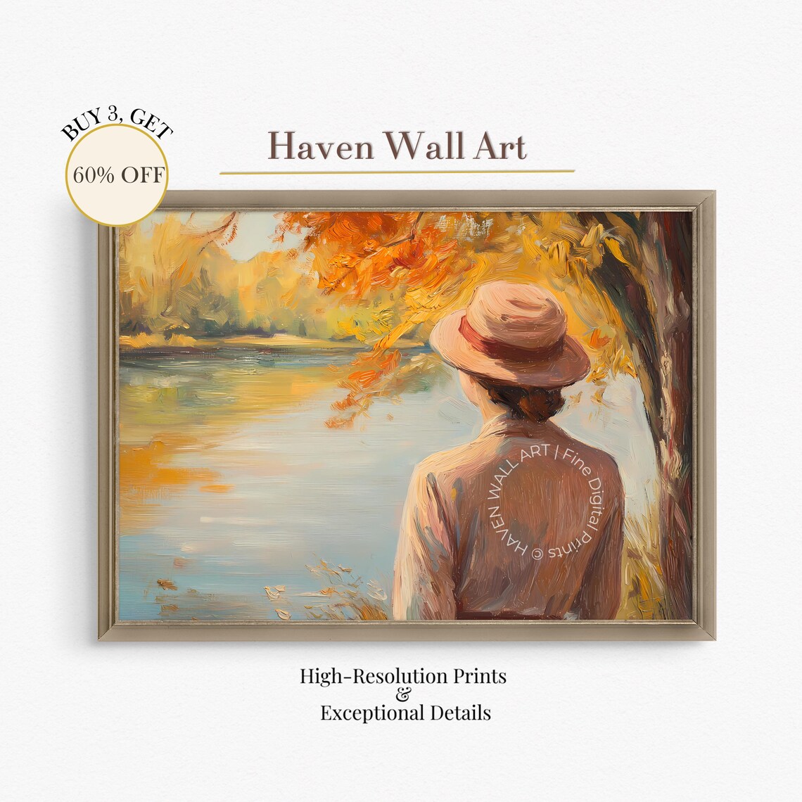 Autumn Lady by the Lake Pink Hat Impasto Oil Painting Wall Art