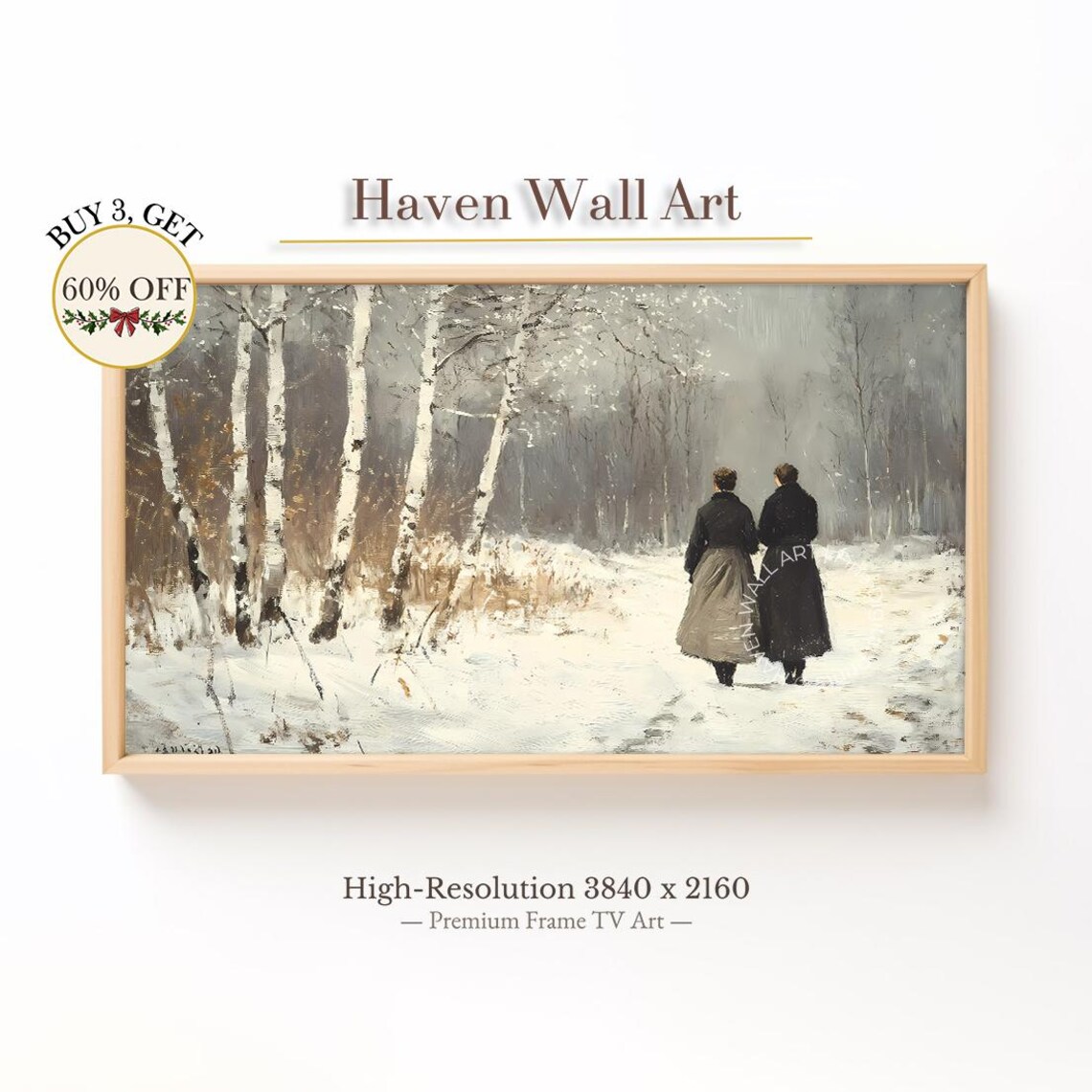 Two Women Walking In Snowy Birch Forest Vintage Winter Scene Poster