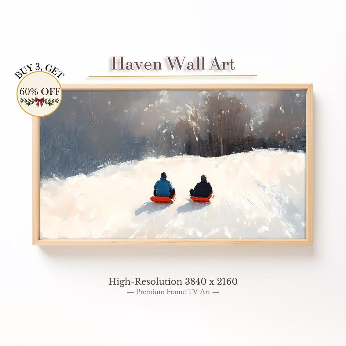 Winter Sledding Duo Snowy Hill Red Sleds Fun Joyful Art Poster