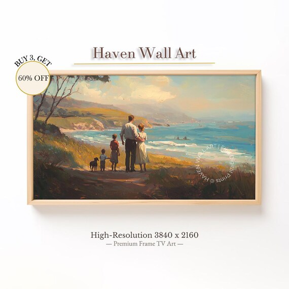 Family Walking the Coastal Cliffs Vintage Beach Landscape Poster