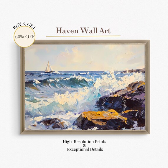 Sailboat Crashing Waves Rocky Shore Impressionist Nautical Wall Art