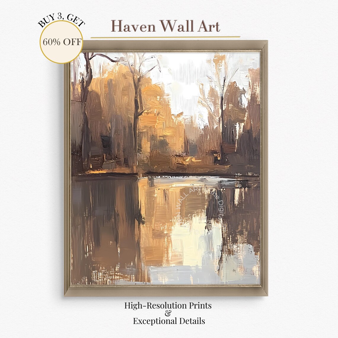 Golden Autumn Forest Reflection Art Print With Warm Amber Lake Painting
