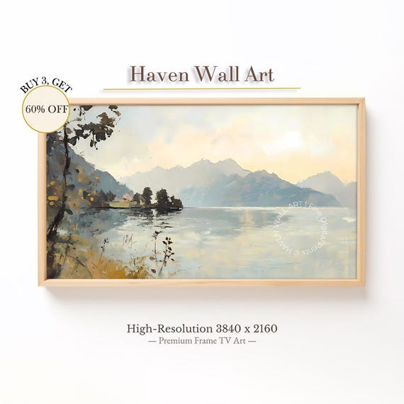 Golden Lake Summer Frame Tv Art Tranquil Mountain Landscape For Samsung Soft Vintage Lakeside Painting Tul062