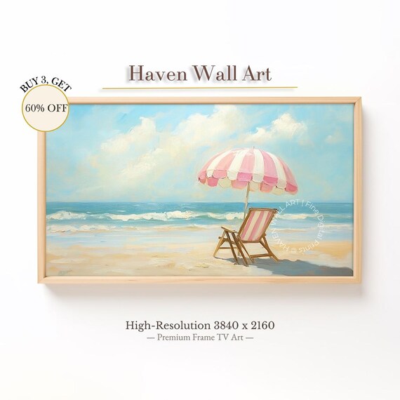Pink Striped Umbrella Beach Chair Vintage Summer Seaside Art Print