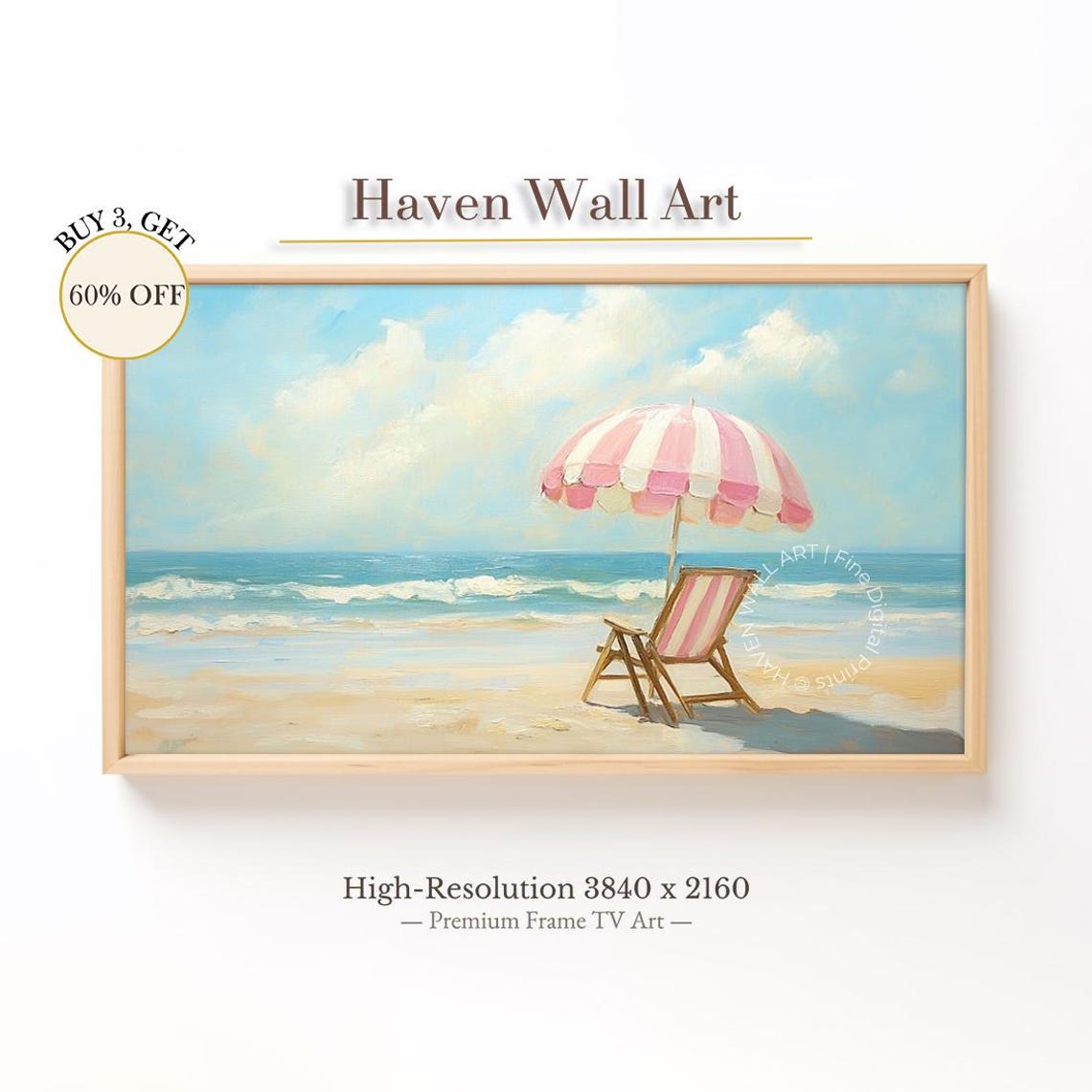 Pink Striped Umbrella Beach Chair Vintage Summer Seaside Art Print
