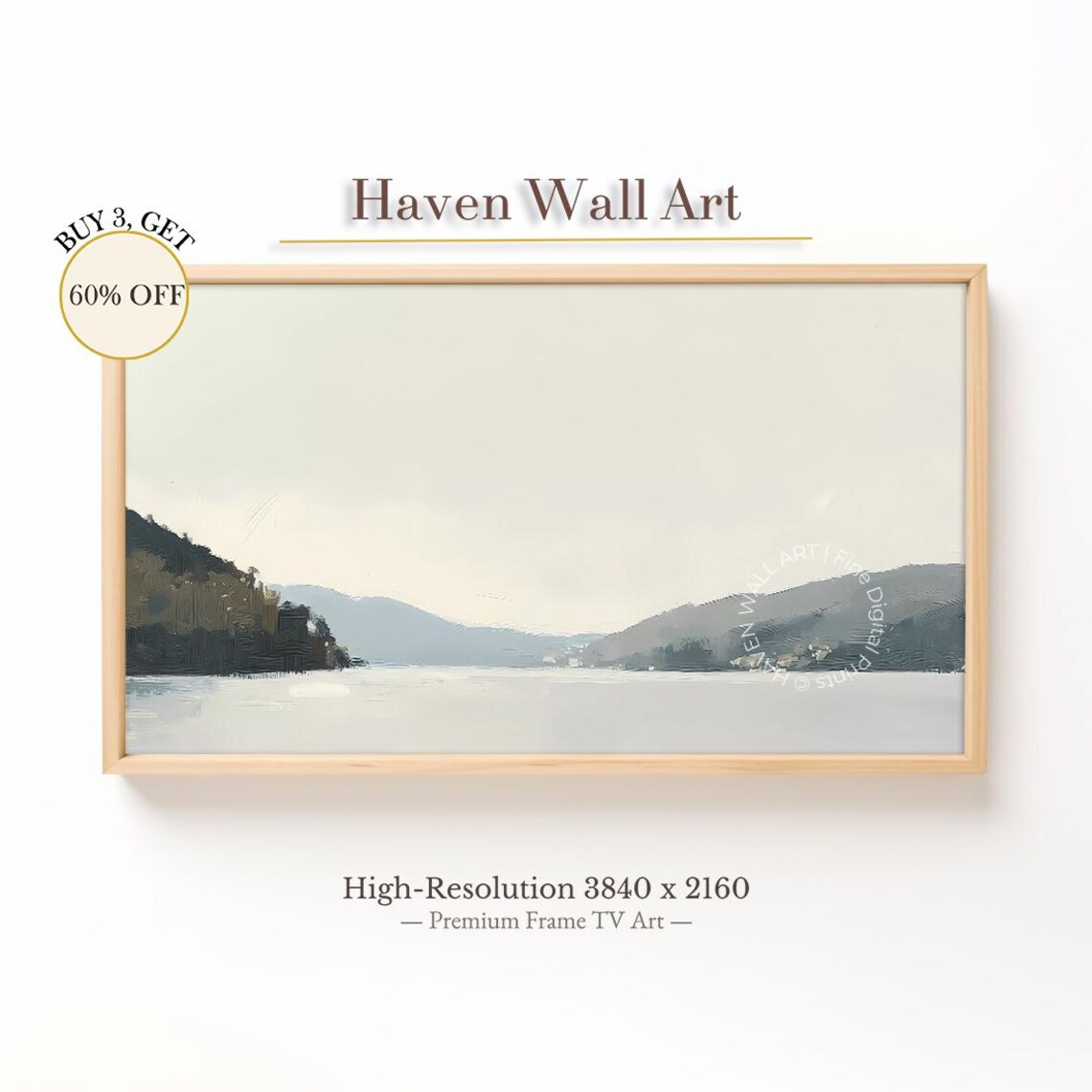 Calm Lake Between Dark Hills Minimalist Neutral Landscape Wall Art