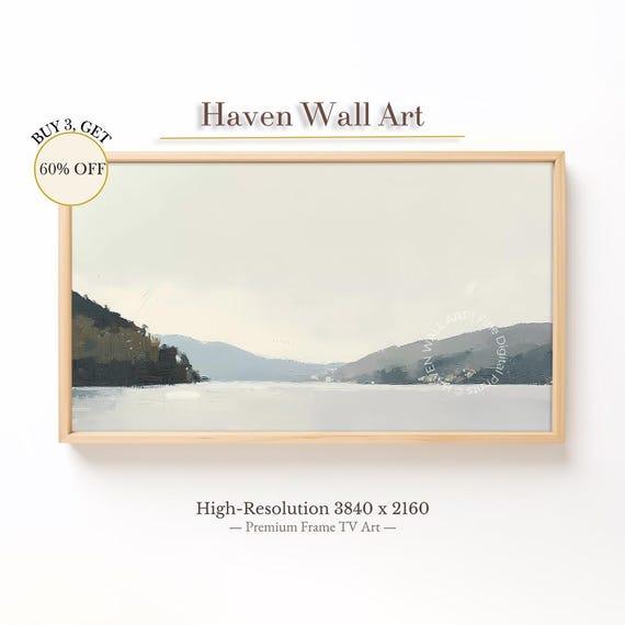 Minimalist Lake Frame Tv Art Neutral Summer Landscape Painting For Samsung Soft Mountain Wall Tul063