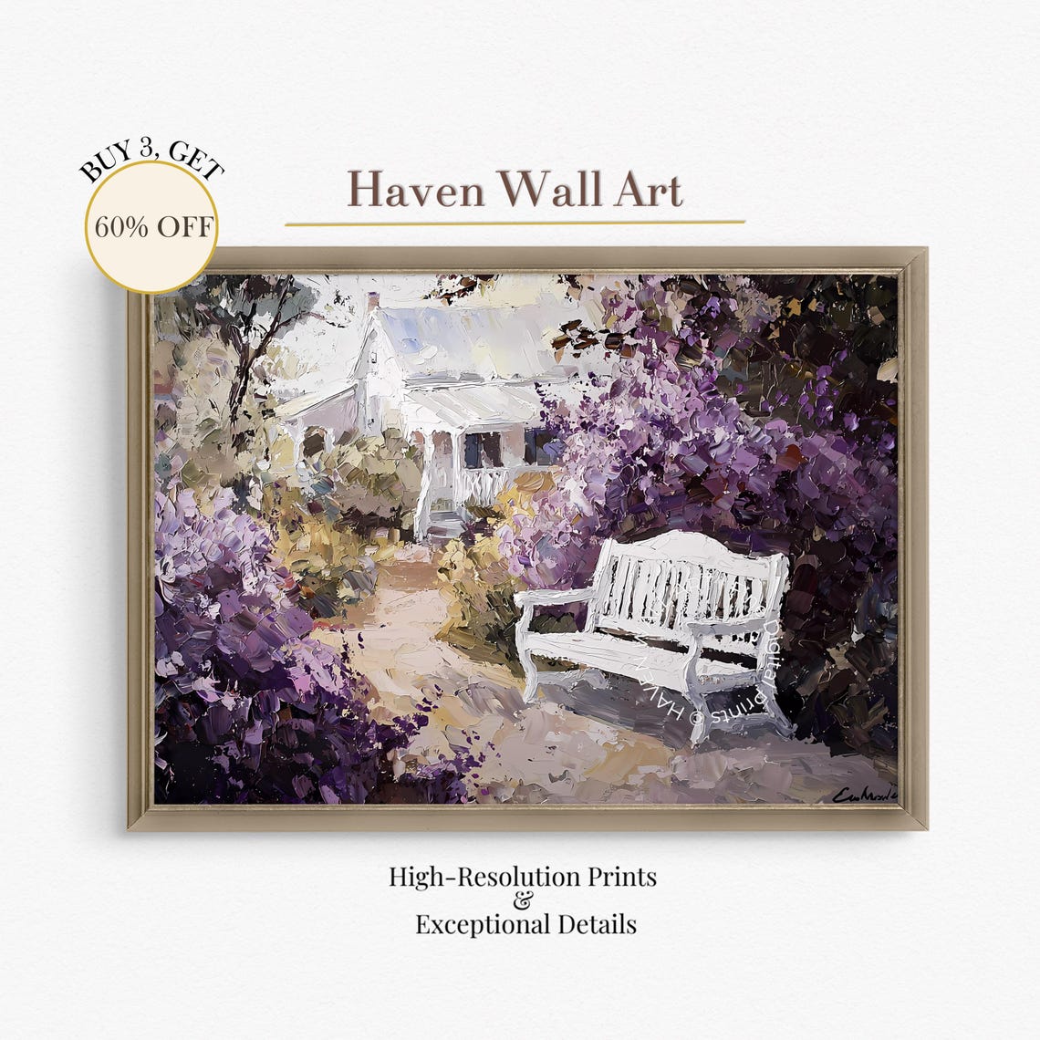 White Cottage Lilac Garden Bench Spring Impressionist Art Print