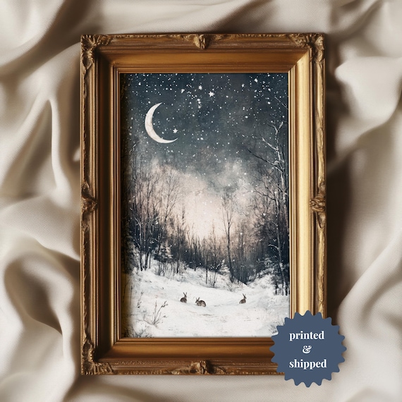 Winter Night Forest Rabbits Art Print, Cozy Vintage