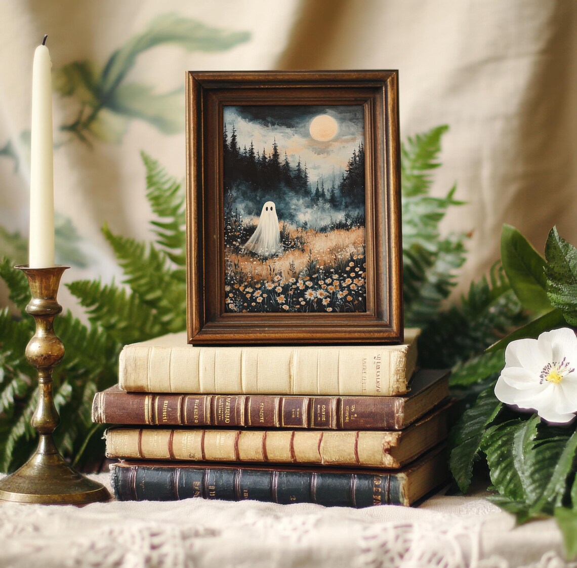Whimsical Ghost On Flower Meadow, Halloween Art Print - Image 3