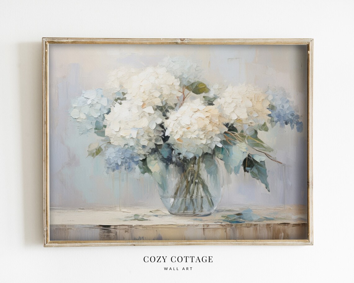 Hydrangea Flowers in Glass Vase, Vintage Style Painting