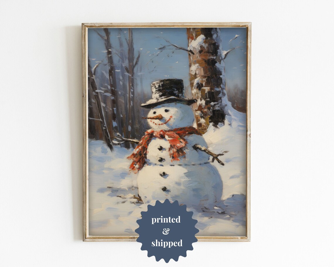 Snowman Vintage Style Painting, Cozy Cottage Christmas Decor