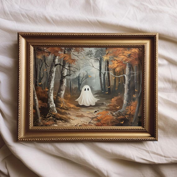 Little Ghost In Autumn Forest, Vintage Halloween Art