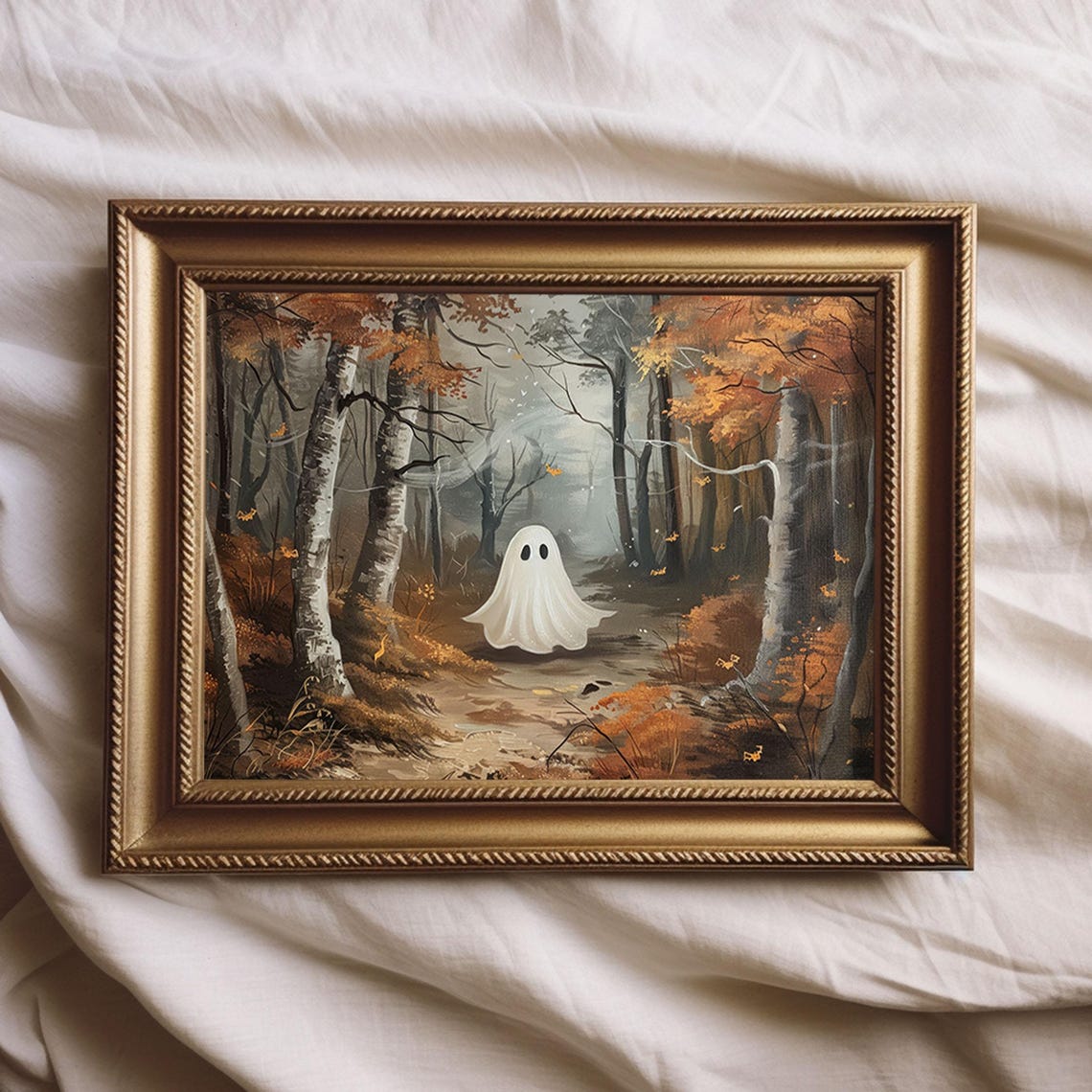 Little Ghost In Autumn Forest, Vintage Halloween Art
