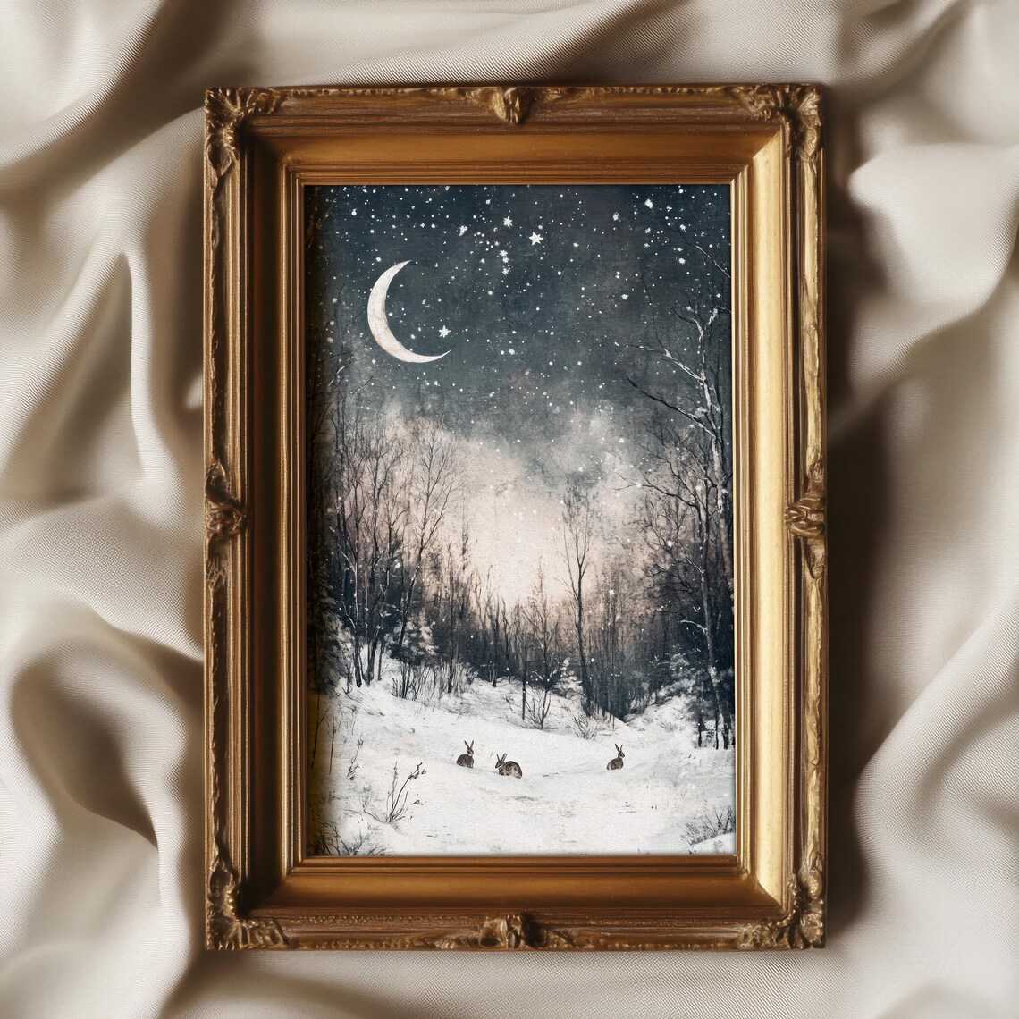 Winter Night Forest Rabbits Vintage Cottage Art Print