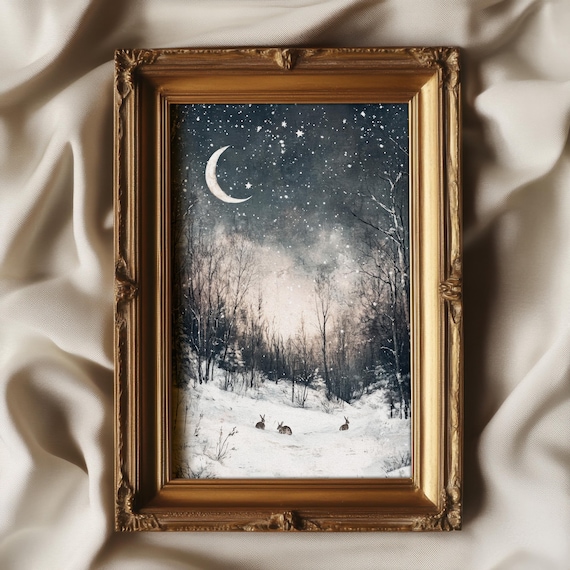 Winter Night Forest Rabbits Vintage Cottage Art Print
