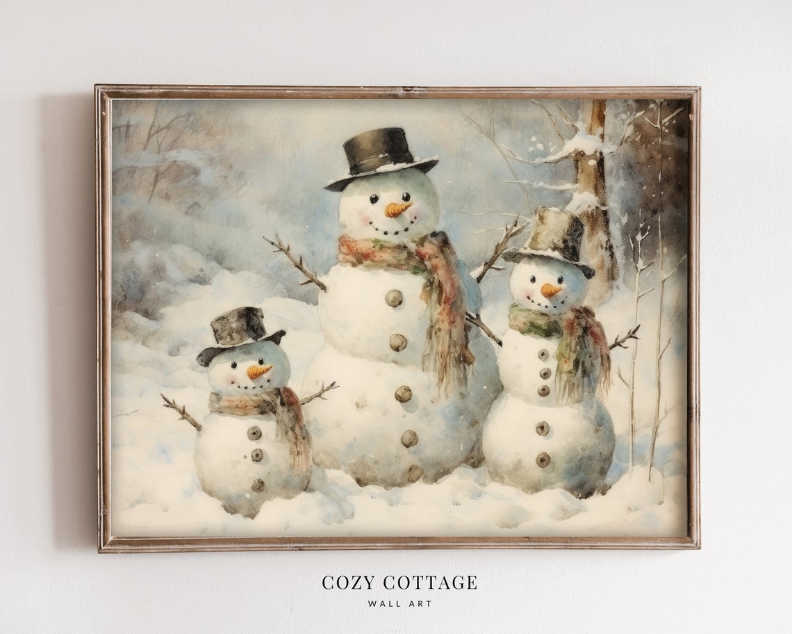 Snowman Family Vintage Christmas Cottage Art Print - Image 2