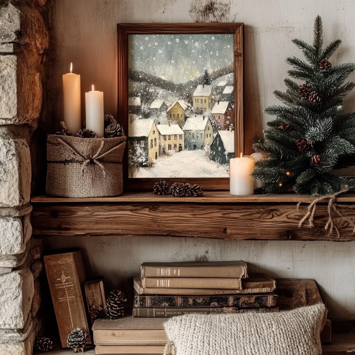 Christmas Village Winter Painting, Vintage Holiday Decor - Image 3