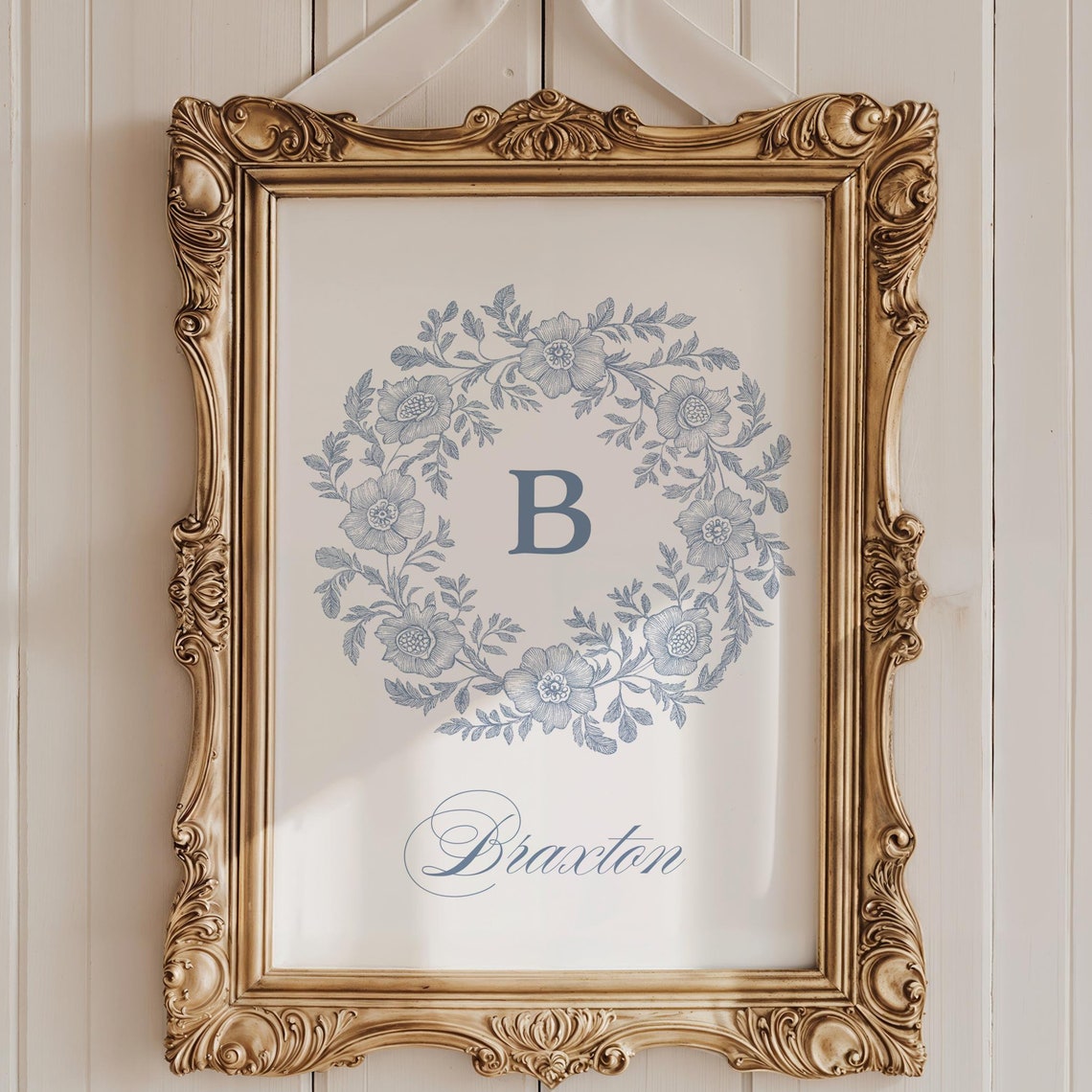 Blue Toile Floral Monogram Wreath Personalized Letter Poster