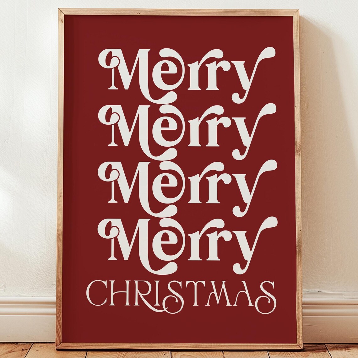 Merry Christmas Retro Cream Repeat Lettering Red Holiday Art Print