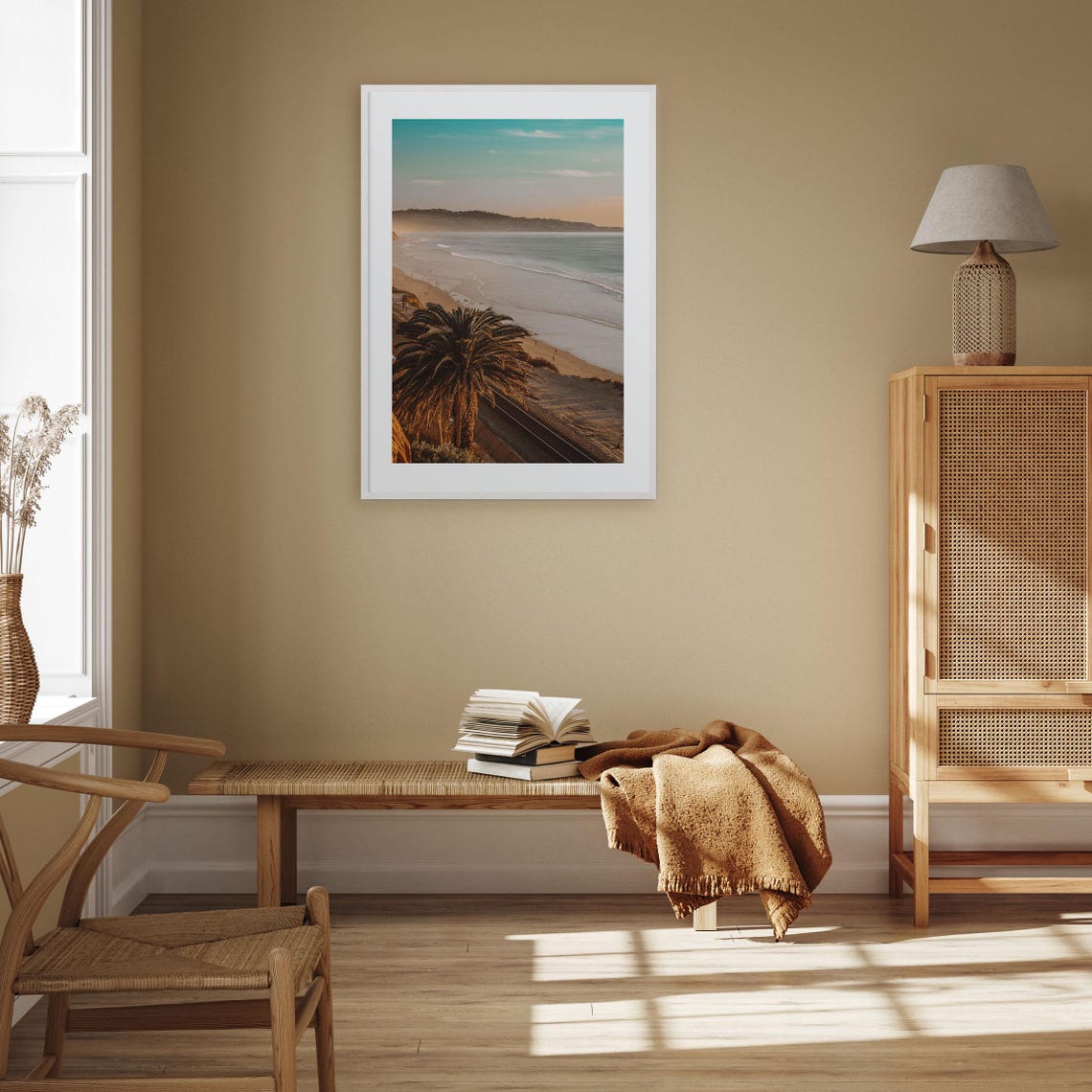 Palm Tree Overlooking Golden Sunset Beach with Gentle Waves Poster - Image 3
