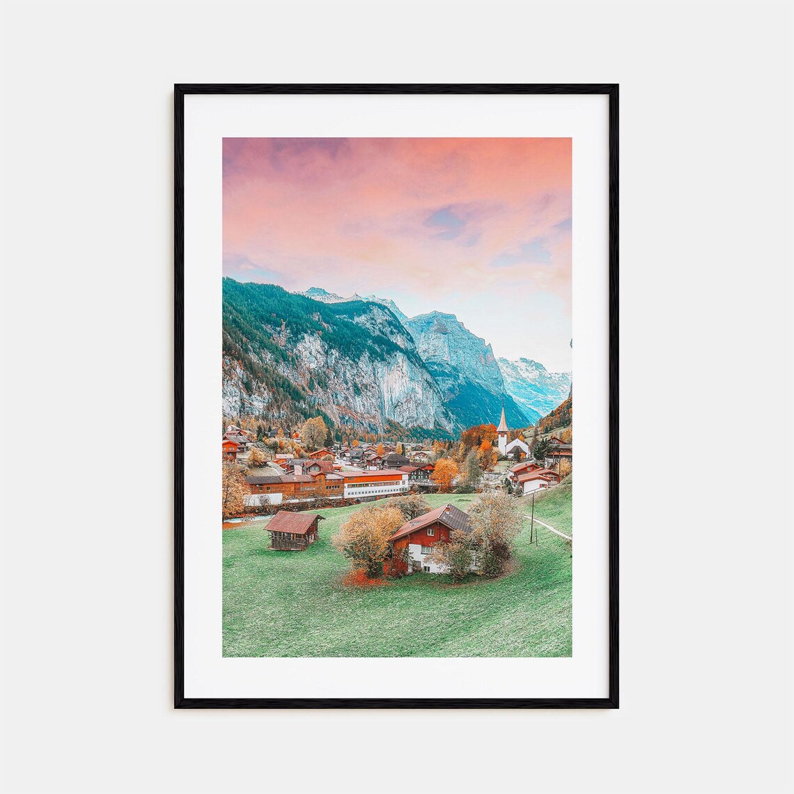 Lauterbrunnen Village at Sunset Pink Sky Alpine Chalets Photo Poster