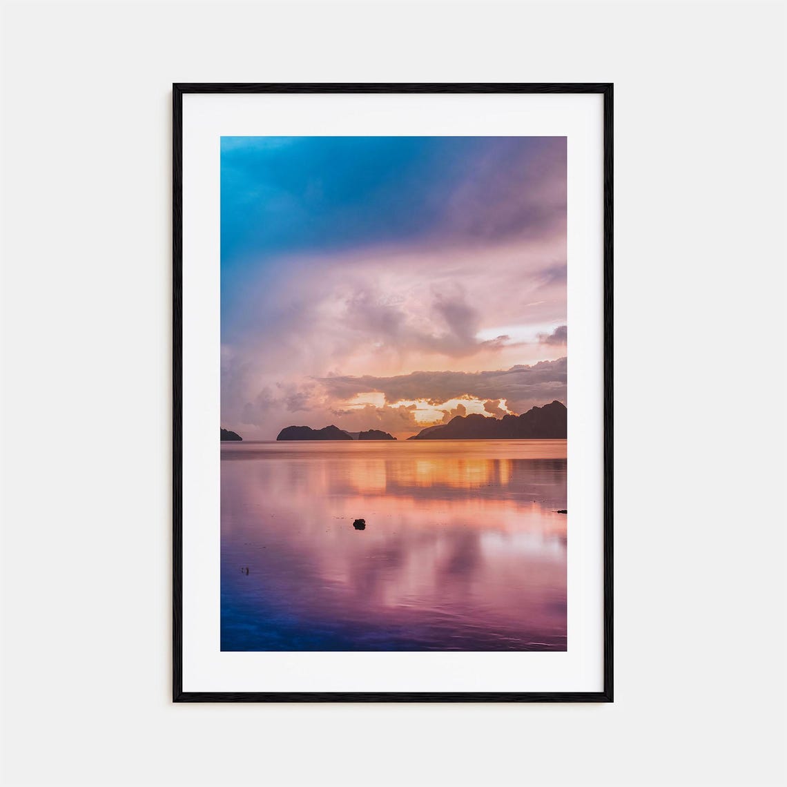 Purple Sunset Over Calm Sea Islands Silhouette Reflection Print