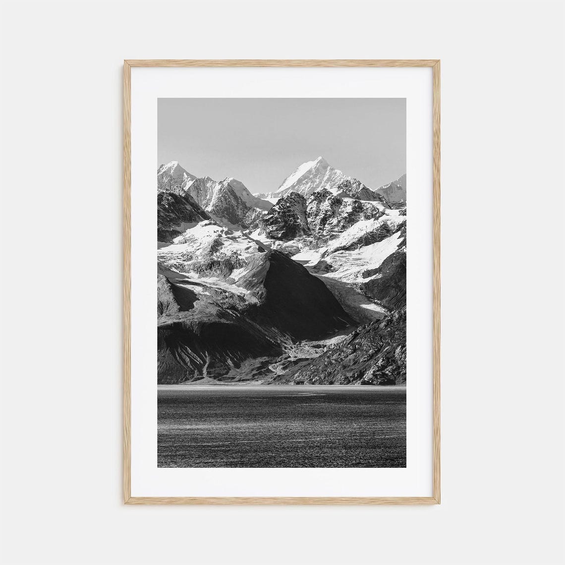 Snow Capped Mountain Peaks Over Calm Water Black White Poster