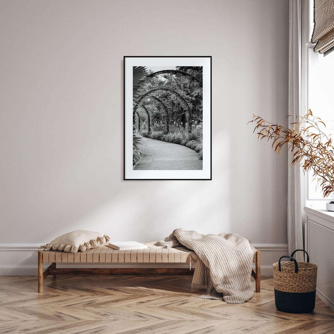 Tropical Garden Pathway Under Leafy Arches Black White Photo Poster - Image 2