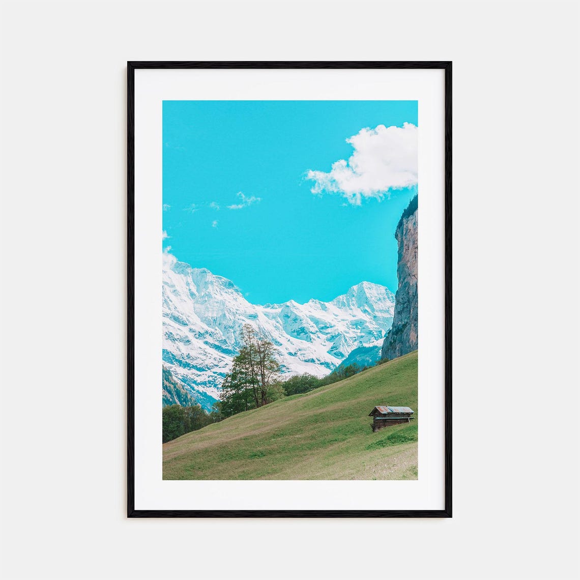 Lauterbrunnen Swiss Alps Snowy Peaks Green Meadow Cabin Valley Poster
