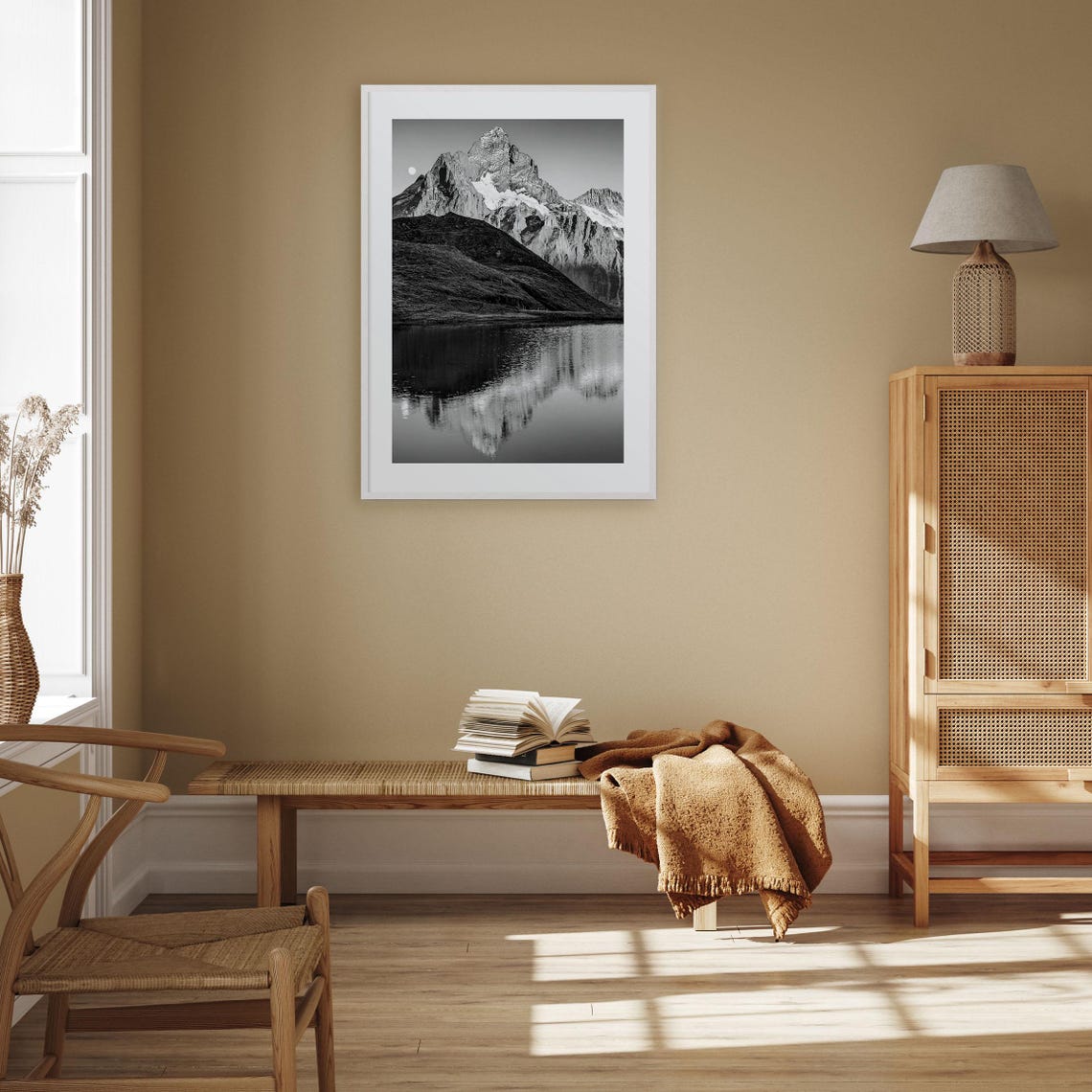 Alpine Peak Reflected In Mountain Lake Black And White Poster - Image 3