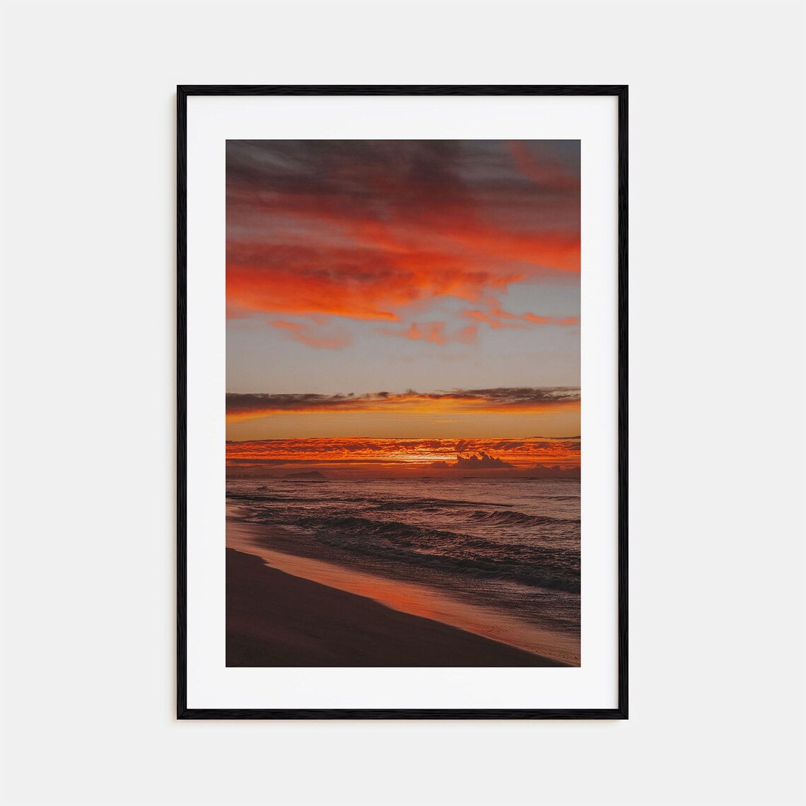 Oahu Hawaii Fiery Beach Sunset Waves Golden Orange Sky Photo Poster