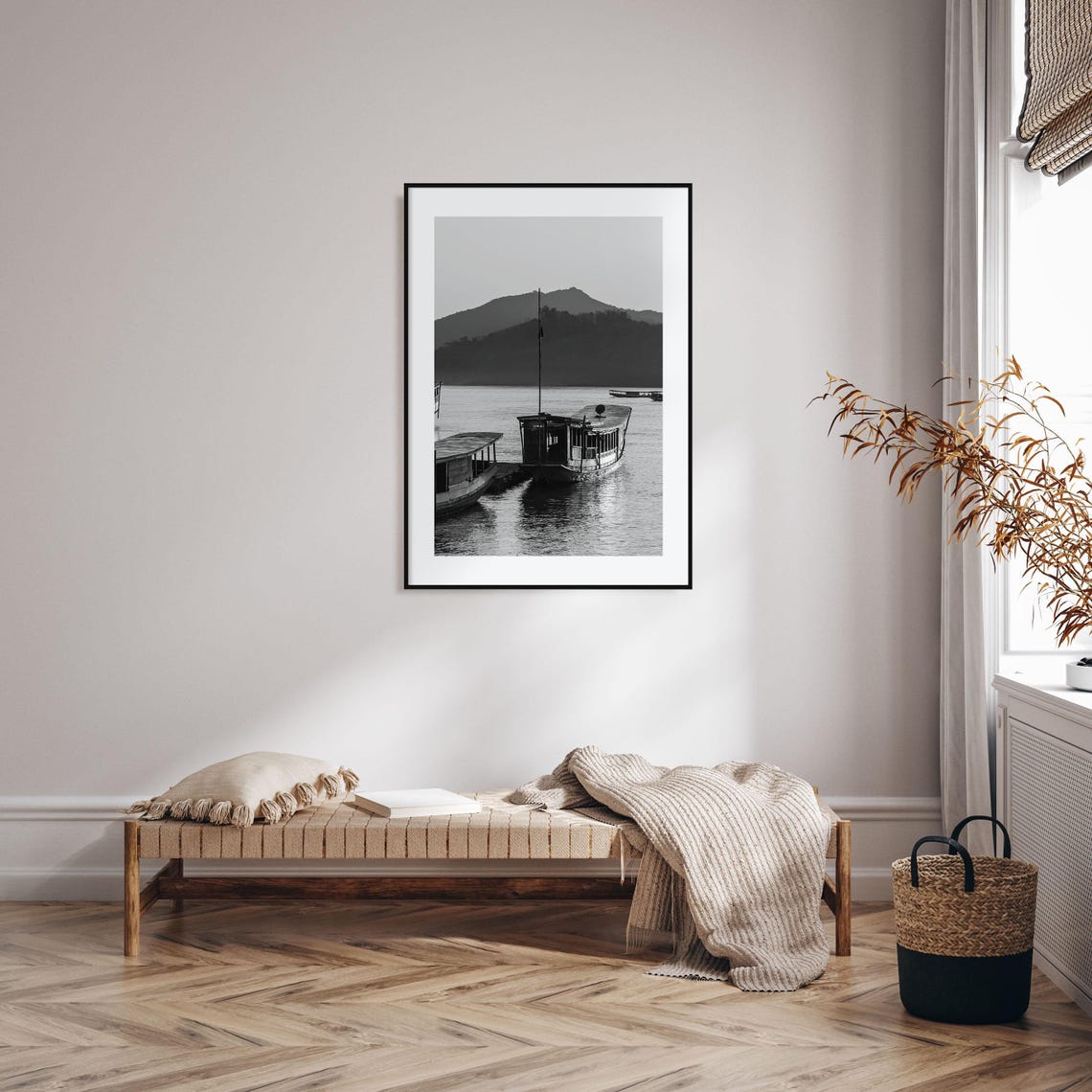 Wooden River Boats Under Mountain Silhouettes Black White Poster - Image 2
