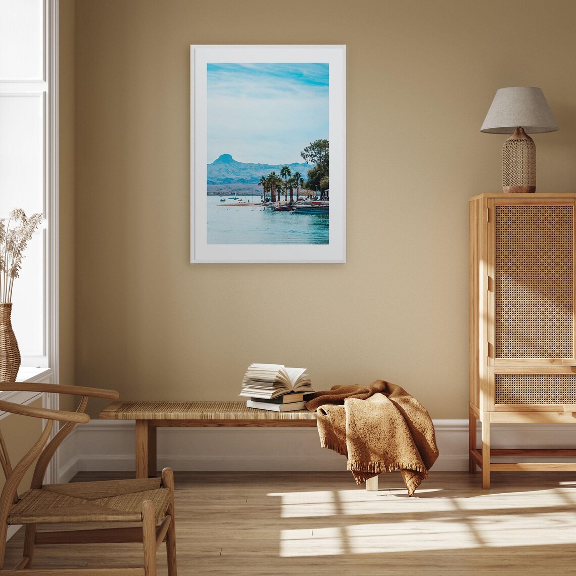 Lake Havasu City Lakefront Palms Boats and Desert Mountains Poster - Image 2