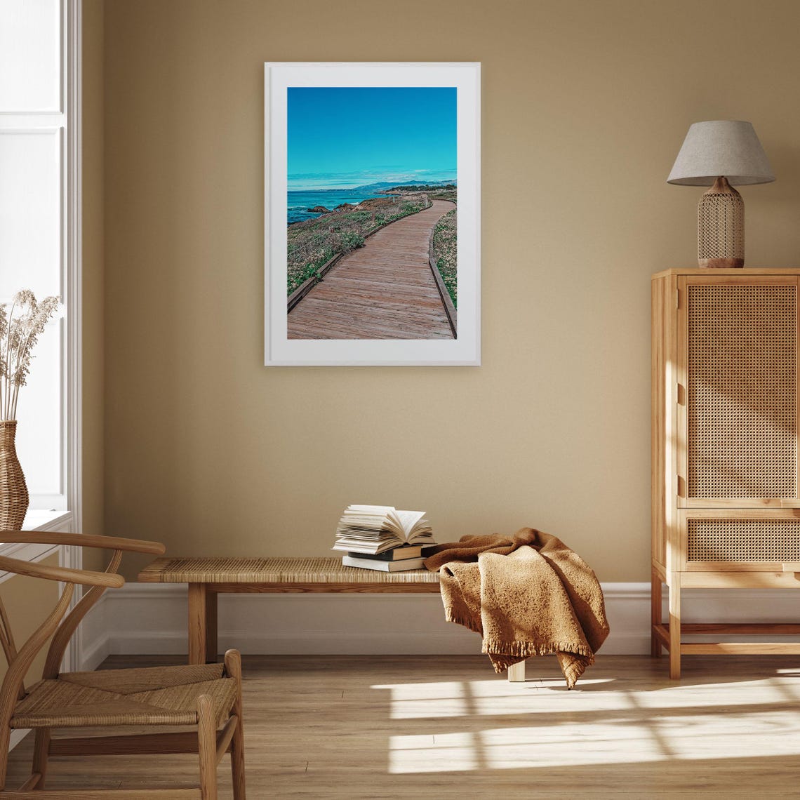 Wooden Boardwalk Curving Along a Coastal Bluff Overlooking Ocean Print - Image 3