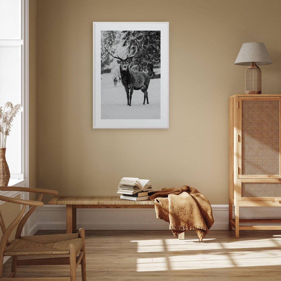 Red Deer Stag Standing In Falling Snow Black And White Photo Poster - Image 3