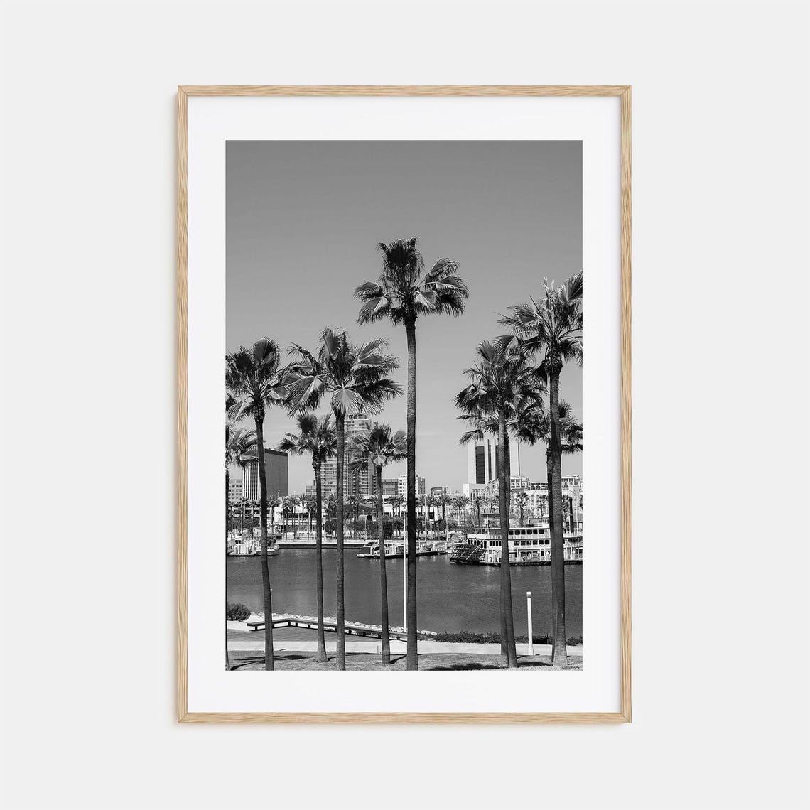 Long Beach California Palm Trees Harbor Black and White Photo Poster