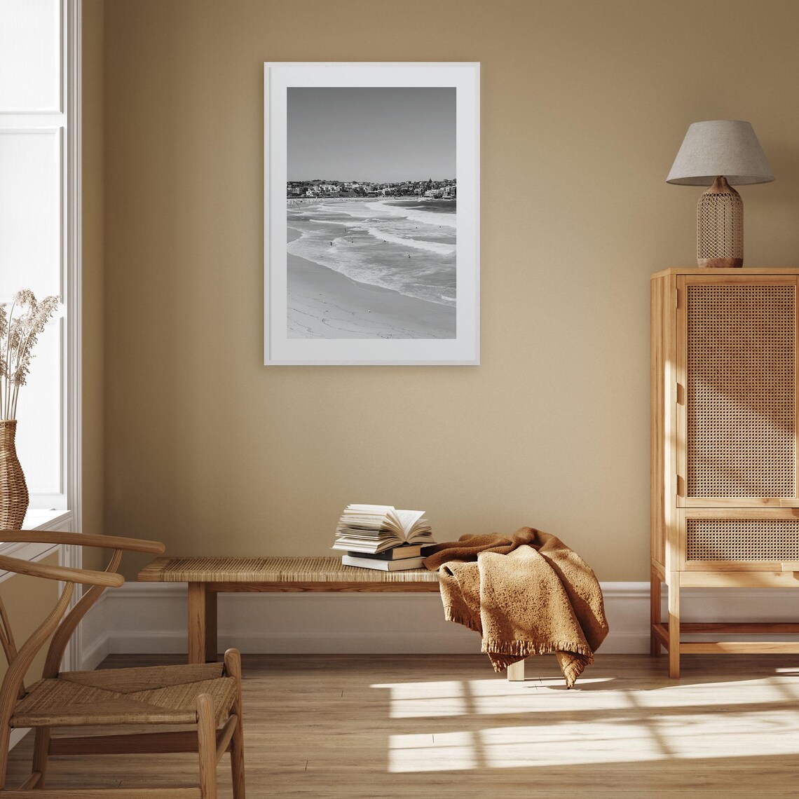 Bondi Beach Surfers Ocean Panorama Black and White Photo Poster - Image 3