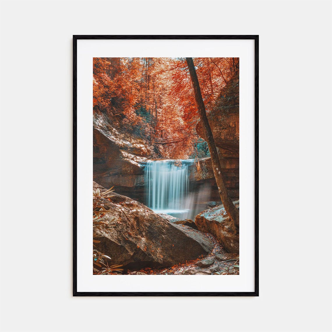 Boone Autumn Forest Waterfall Cascade Over Mossy Rocks Poster