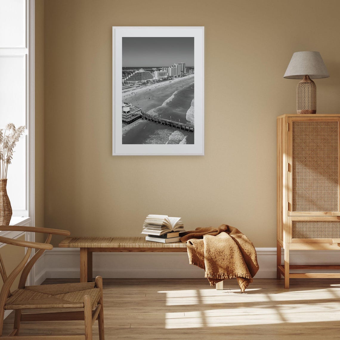 Aerial Beach Pier Hotels Ocean Shoreline View Black White Poster - Image 3