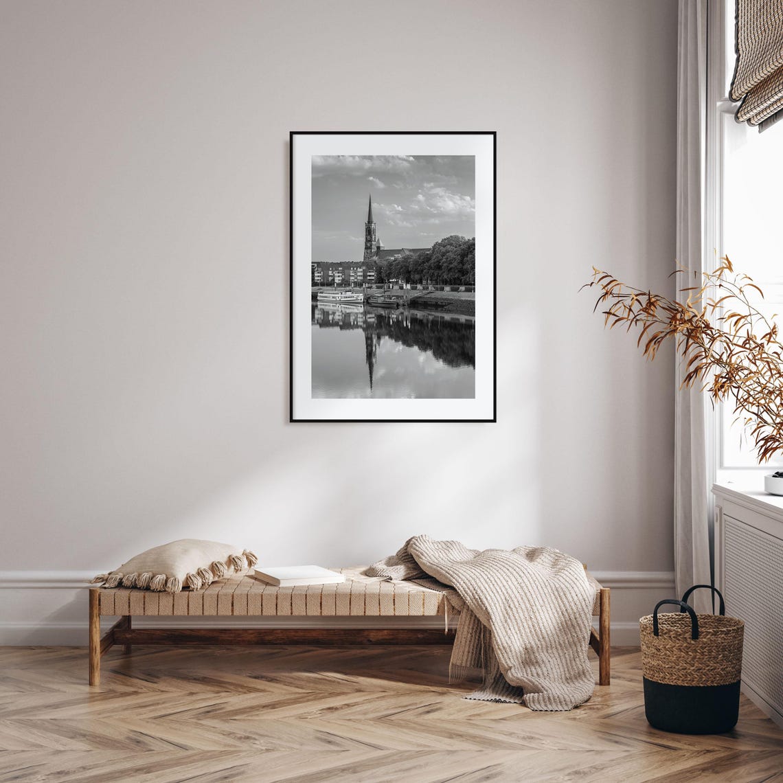 Bremen Church Spire River Reflection Black and White Photo Poster - Image 2