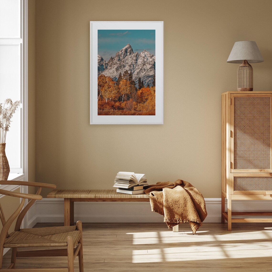 Grand Teton Snowy Peaks with Golden Autumn Trees Morning Print - Image 3