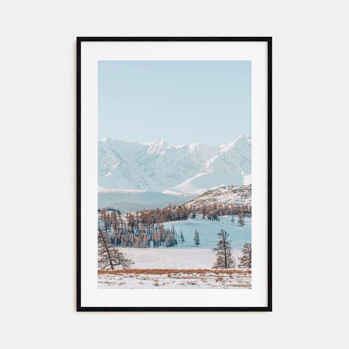 Mongolia Snowy Mountain Range Winter Steppe Larch Trees Poster
