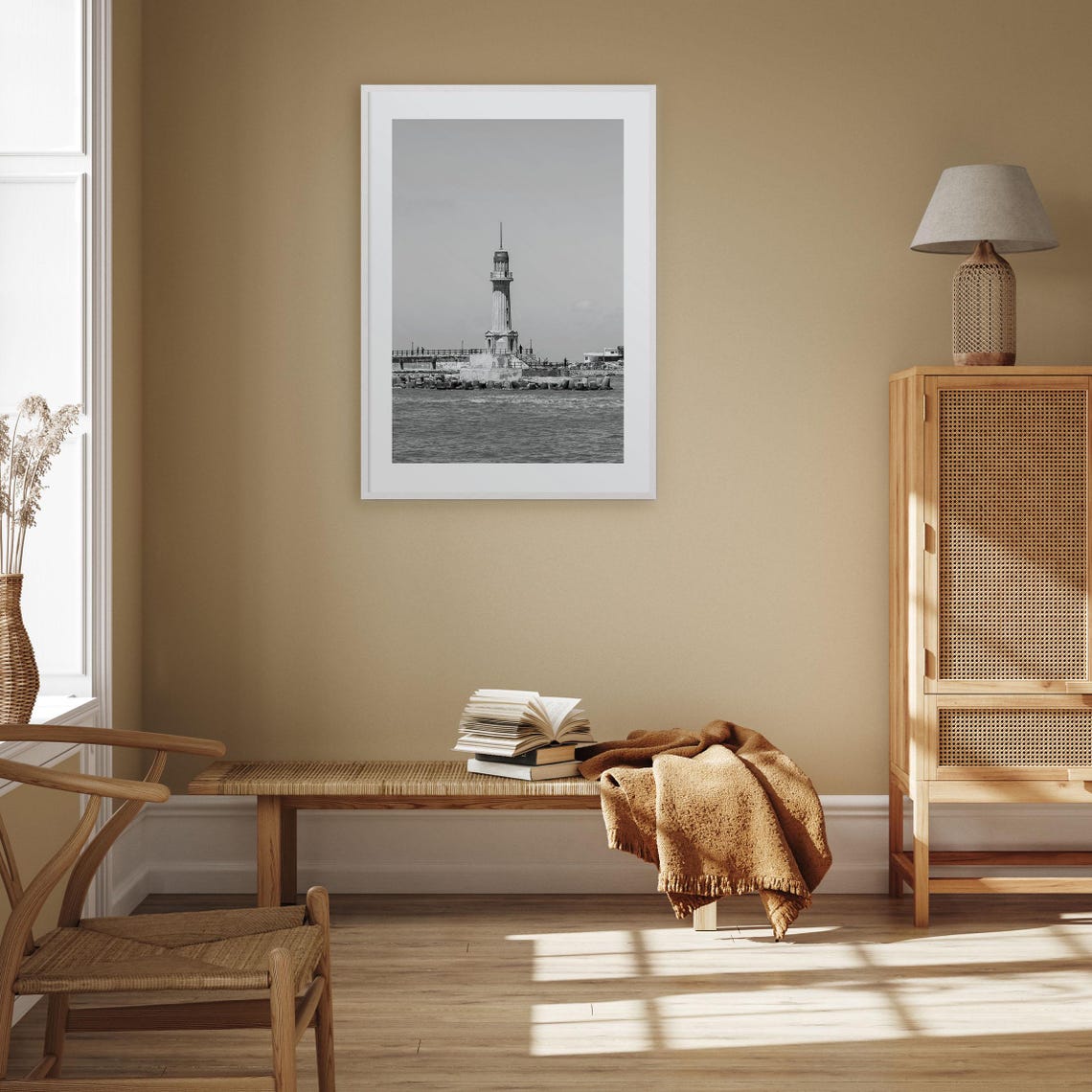 Lighthouse on Ocean Breakwater Black and White Nautical Poster - Image 3