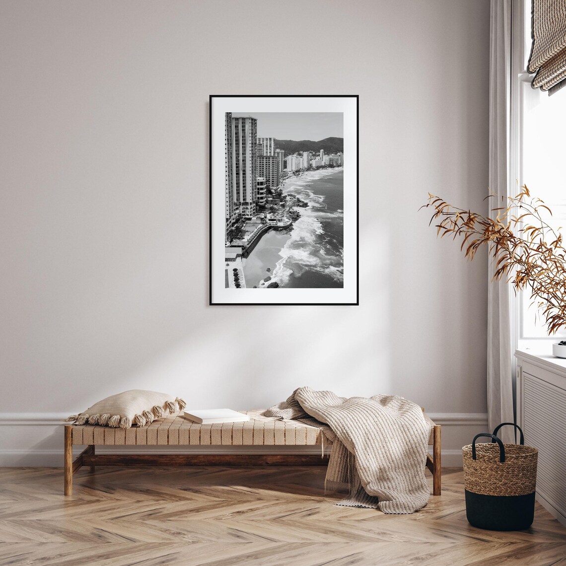 Acapulco Bay High Rise Hotels Surf Beach Black and White Photo Poster - Image 2
