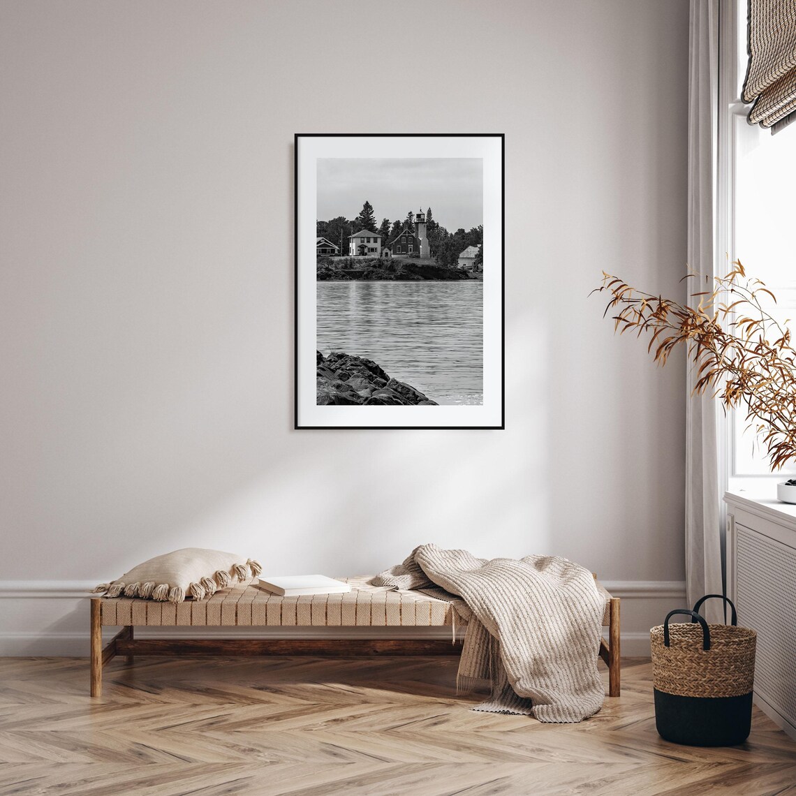 Upper Peninsula Lighthouse Rocky Shore Black And White Photo Poster - Image 2